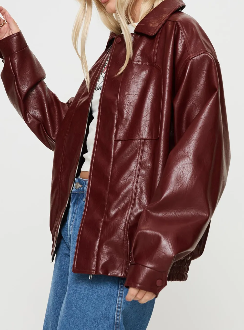 Satin Trim Faux Leather Jacket