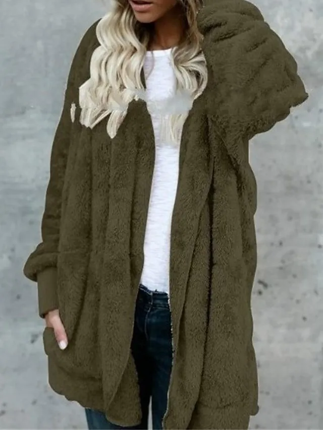 Women's Fleece Sherpa Jacket Teddy Bear Coat with Hood Open Front Winter Coat Fall Windproof Warm Comtemporary Stylish Plush Jacket Long Sleeve Plain with Pockets Oversize Lotus Black