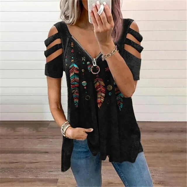 Women Tops T-Shirt Hollow-Out Shoulder Short Sleeve Casual Blouse Shirts explosive Feather Print V-Neck Zipper Shirt