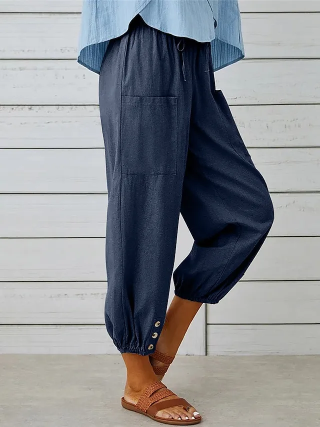 Women's Cotton And Linen Loungewear Pants Pure Color Elastic Waist with Drawstring Simple Casual Comfort Home Daily Vacation Breathable Pocket Summer Spring Black White