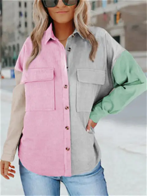 Color Block Buttons Shirt With Pockets