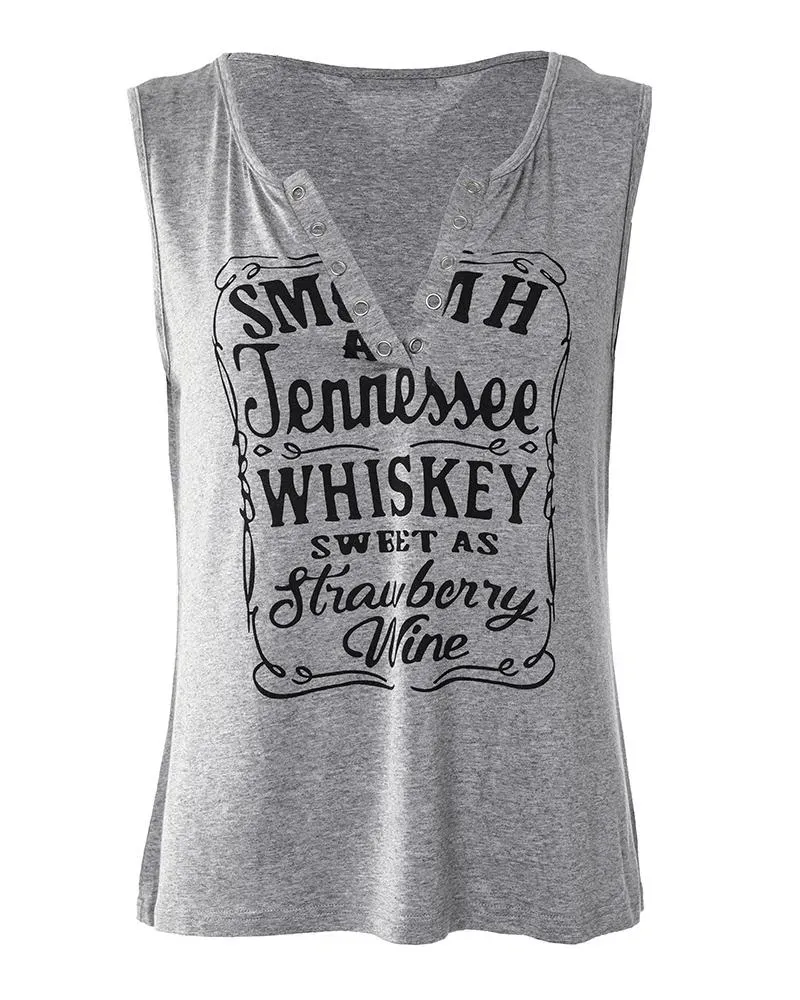 Smooth As Tennessee Whiskey Sweet As Strawberry Wine Print Eyelet Decor Casual Tank Top
