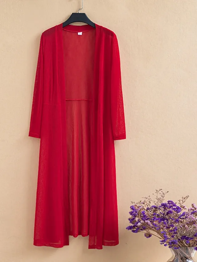 Women's Casual Jacket Long Coat Regular Fit Breathable Casual Jacket Spring Summer Long Sleeve Solid Color White Black Wine Outdoor Street Daily