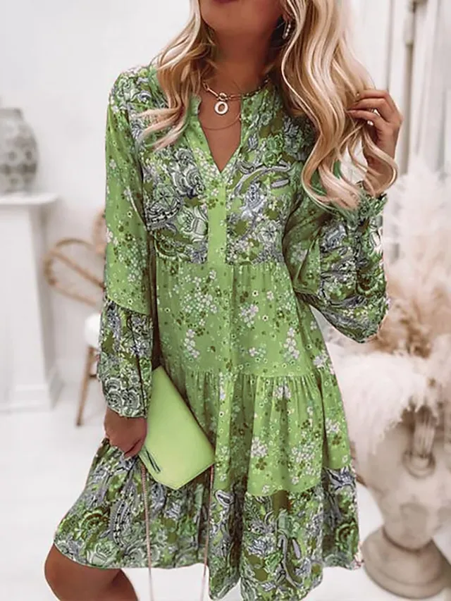 Women‘s Shift Dress Boho Dress Knee Length Dress Pink Long Sleeve Floral Ruffle Smocked Print Summer Spring V Neck Boho Casual Flare Cuff Sleeve 2023 4XL