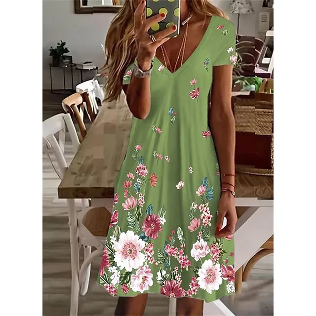 Women's Casual Dress Shift Dress Floral Dress Mini Dress Light Blue White Light Green Short Sleeve Floral Print Summer Spring V Neck Basic 2023 S M L XL 2XL 3XL 4XL