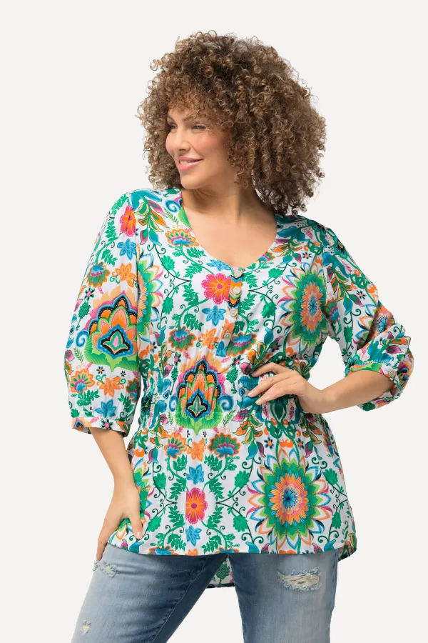 Bluse Blüten A-Linie V-Ausschnitt 3/4-Arm