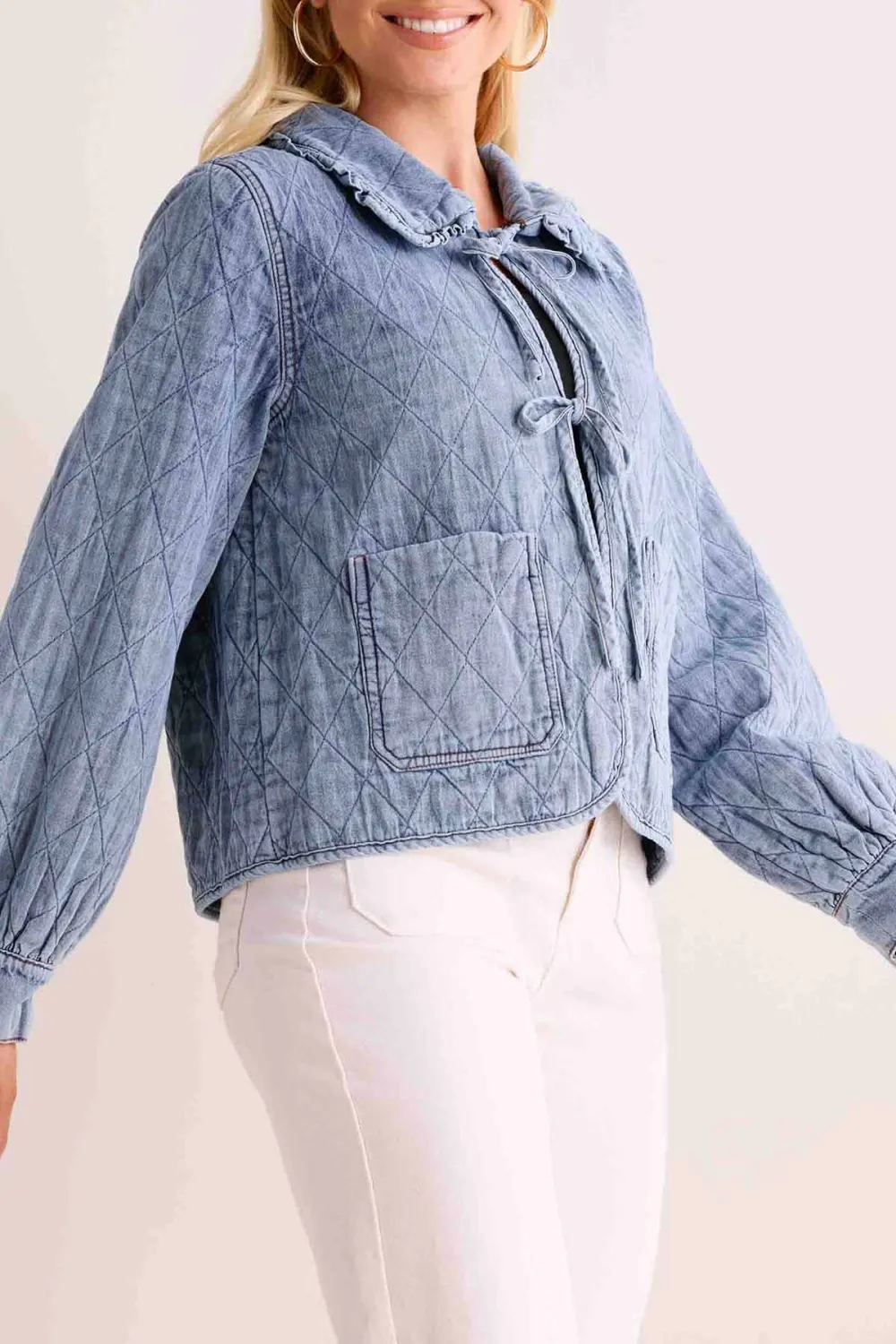 Light Blue Denim Tie-Front Pocketed Cropped Jacket