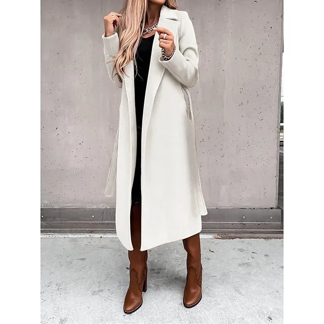 Women's Winter Coat Long Overcoat with Belt Fall Lapel Pea Coat with Pockets Trench Coat Fashion Street Wear Formal Jacket Long Sleeve  Black White Yellow