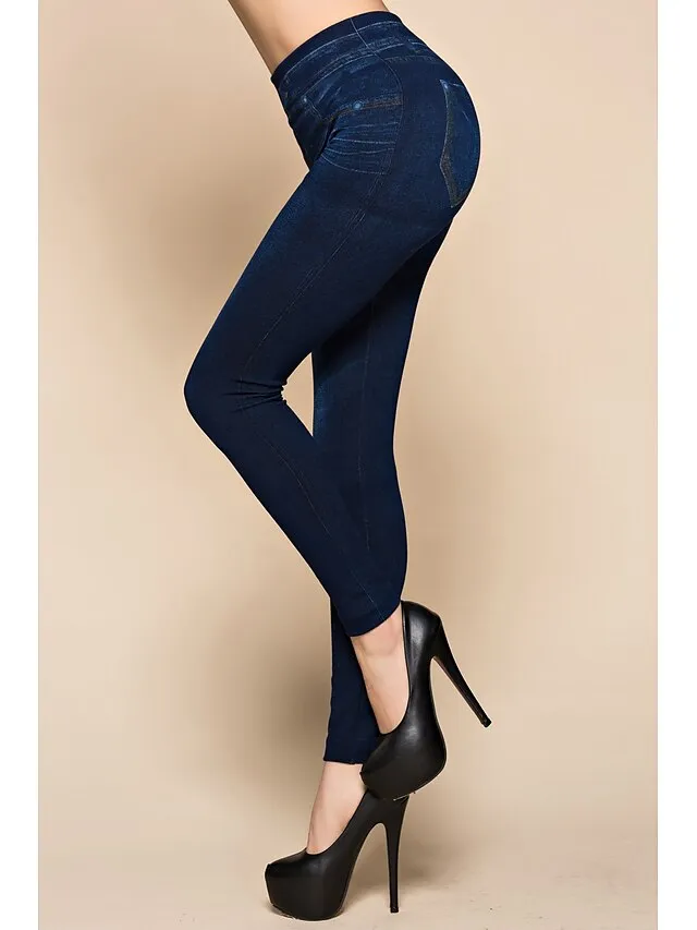 Women's Jeans Skinny Pants Trousers Ankle-Length Faux Denim Stretchy Mid Waist Classic Casual Weekend Blue One-Size Spring &  Fall