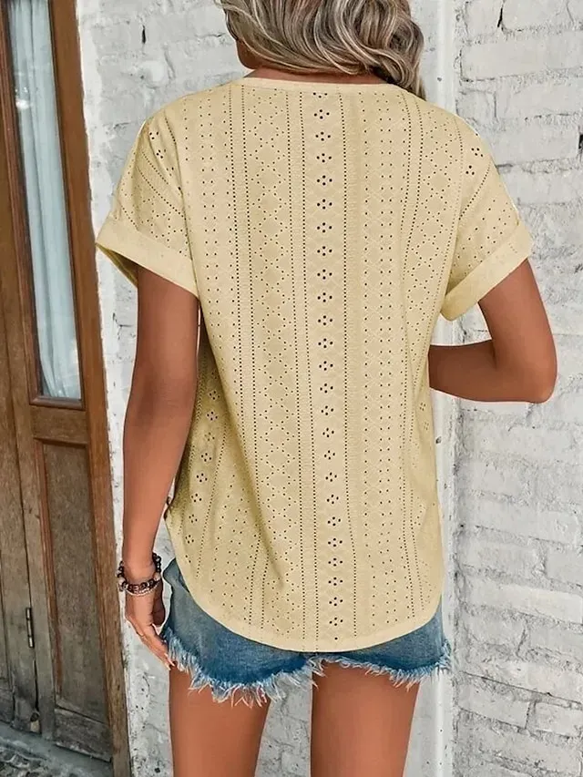 Women's T shirt Tee White Eyelet Tops Light Blue Black White Plain Cut Out Short Sleeve Daily Weekend Basic Round Neck Regular Cotton S