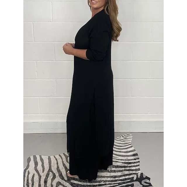 Women's Pajamas Pajama Top and Pant Sets 2 Pieces Pure Color Fashion Casual Soft Home Daily Bed Polyester Breathable V Wire Long Sleeve T shirt Tee Pant Summer Spring Black White