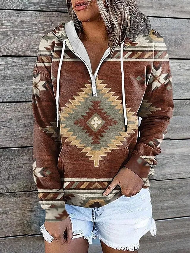 Women's Hoodie Sweatshirt Pullover Vintage Sports Basic Zipper Drawstring Front Pocket Light Yellow Creamy-white smoke grey Geometric Tribal Aztecs Street Casual Hoodie Long Sleeve Top Micro-elastic