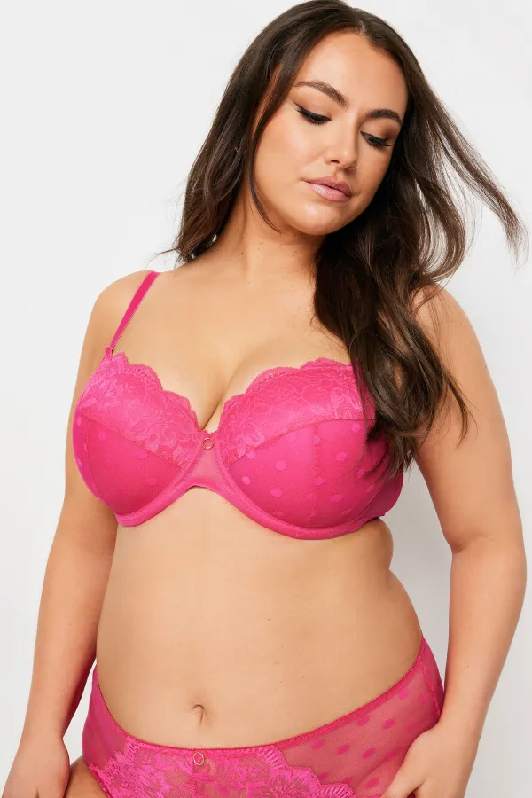 YOURS Curve Hot Pink Dot Print Lace Padded Bra