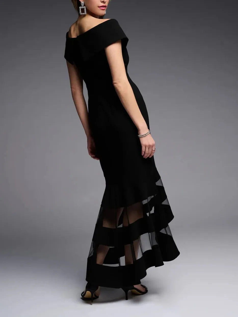 Off - Shoulder Black Mesh - Paneled Dress