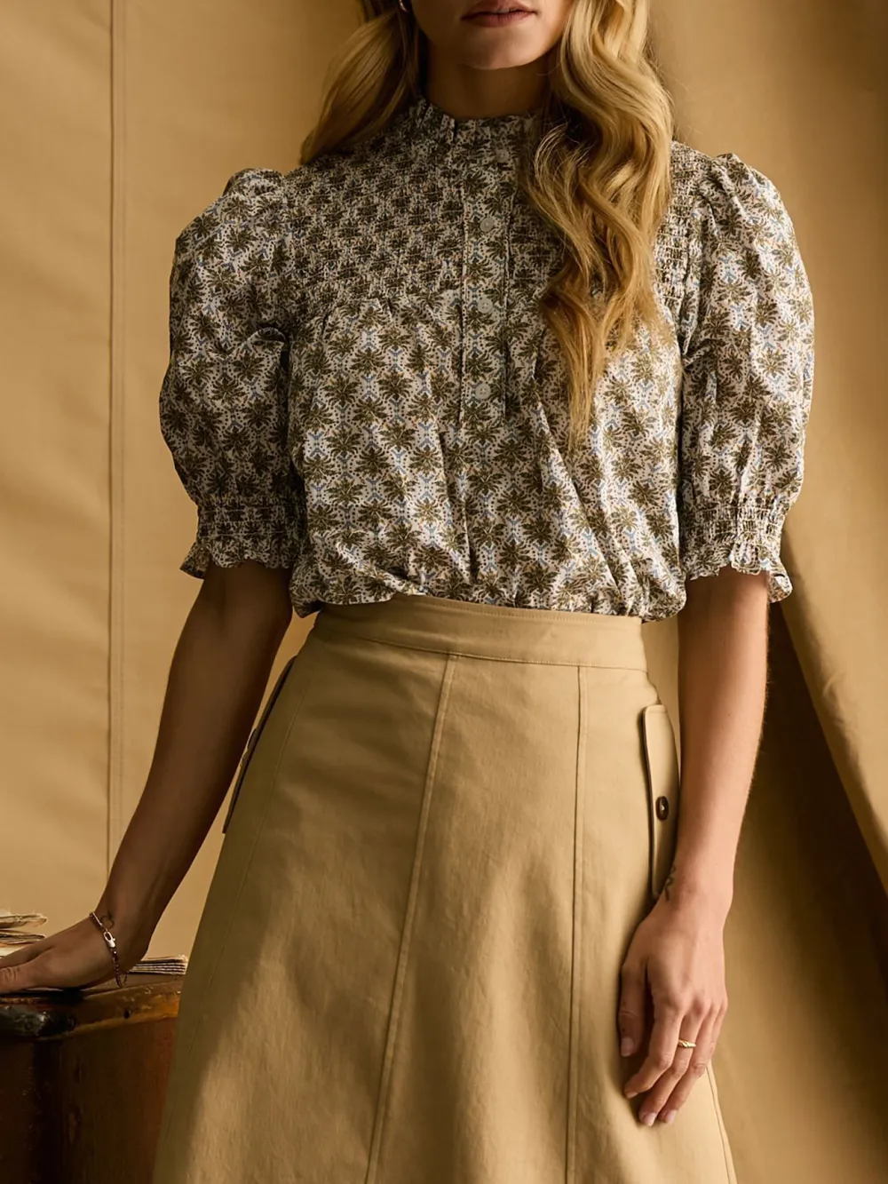 Blue Frill Neck Smocked Blouse