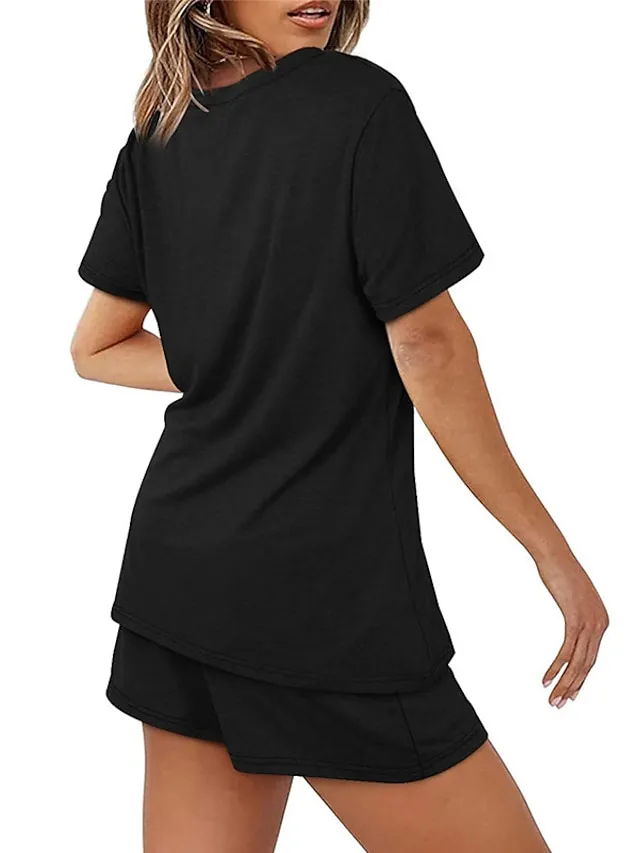 Women's Loungewear Sets Nighty 2 Pieces Pure Color Simple Comfort Home Street Cotton Crew Neck Short Sleeve T shirt Tee Shorts Spring Summer Green Blue