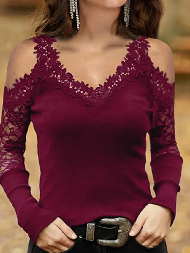 Women's T shirt Tee Going Out Tops Burgundy Tee Plain Casual Weekend Black Wine Blue Lace Cut Out Long Sleeve Basic Off Shoulder V Neck Regular Fit Fall & Winter
