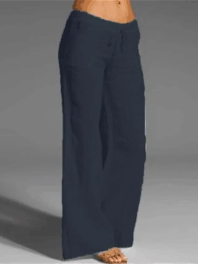 Women's Bootcut Culottes Wide Leg Chinos Cotton Faux Linen Solid Colored Baggy Mid Waist Lightweight Basic Wedding Daily Black White S M Spring &  Fall