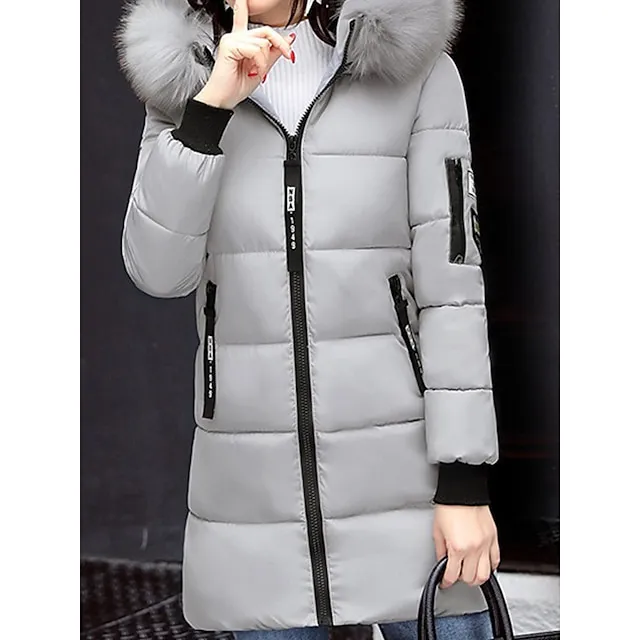 Women's Parka Long Puffer Jacket Windproof Thermal Warm Heated Coat with Pockets Winter Coat with Fur Collar Hood Long Sleeve Full Zip Black White Pink