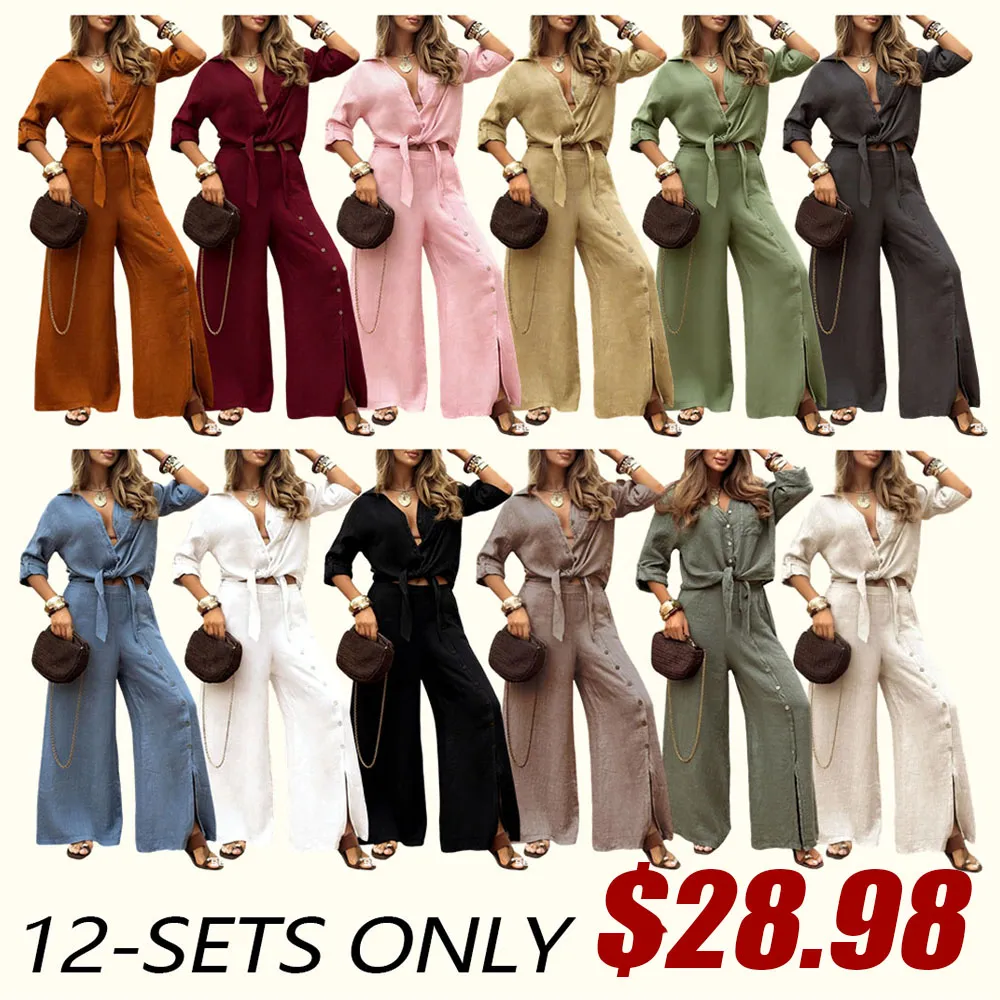 🔥 Women's Loose-Fit Long Sleeve Shirt & Wide Leg Pants Set