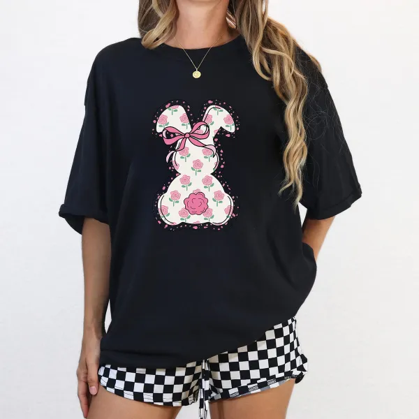 A Rabbit Outline Filled With Pink Rose Patterns, With A Pink Bow Tied Above The Ear. Cute And Sweet Style, Casual T-Shirt.