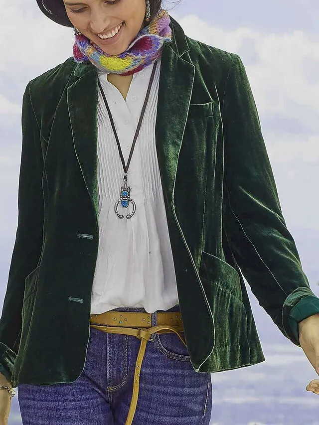 Women's Casual Blazer Velvet Casula Jacket Lapel Collar with Pockets Fall Party Jacket Winter Christmas Regular Fit Warm Stylish Vintage Style Classic Style Jacket Long Sleeve Solid Color Pure Color