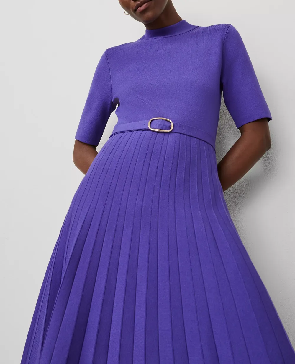 Mock Neck Belted Pleated Dress
