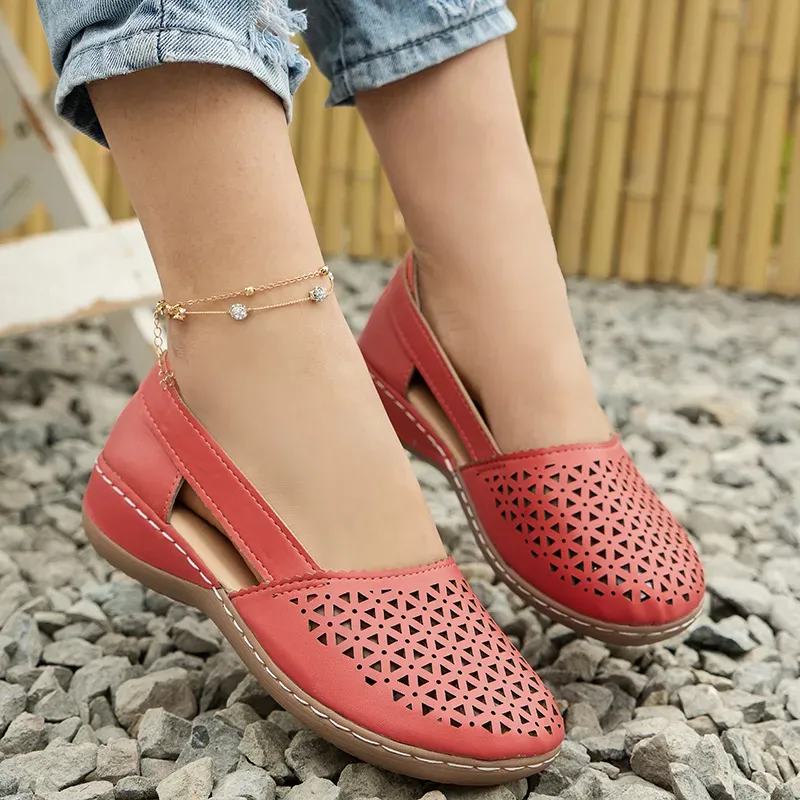 Women's Hollow Out Flat Sandals, Solid Color Cut-out Closed Toe Slip On Shoes, Casual Faux Leather Shoes