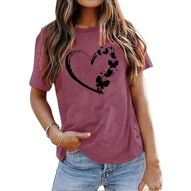 Women's T shirt Tee Cotton 100% Cotton Butterfly Heart pea green Black White Basic Print Short Sleeve Home Daily Date Basic Round Neck Regular Fit T-shirt Sleeve Summer