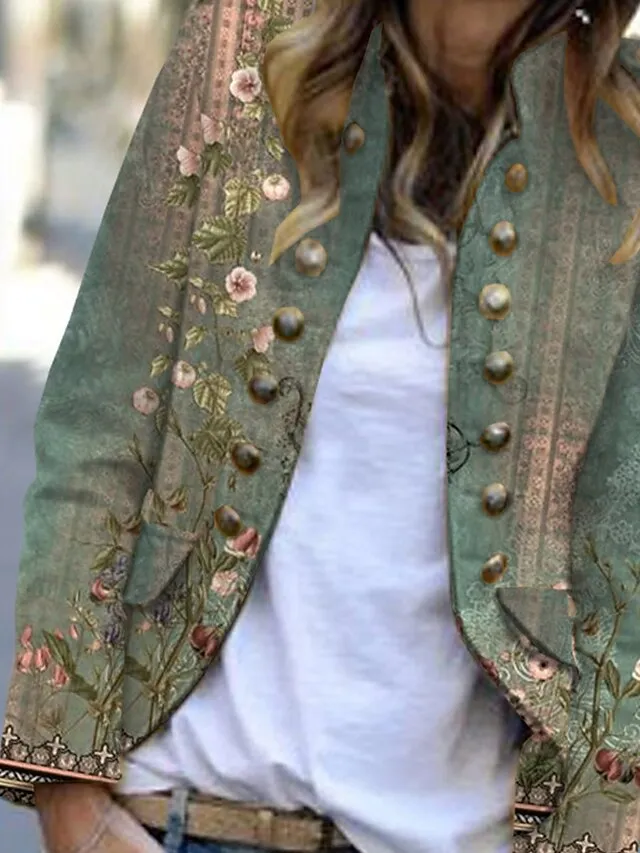 Women's Casual Jacke Print Flower Comfortable Artistic Style Loose Fit Outerwear Long Sleeve Fall Green Casaul Daily Street