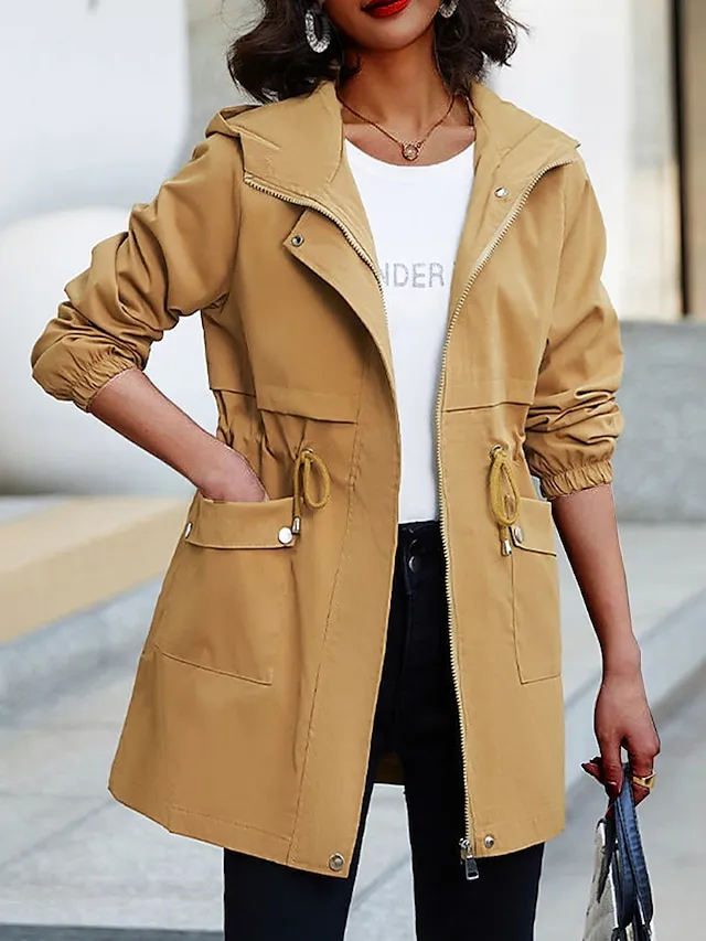 Women's Trench Coat Fall Outdoor Zipper Plain Breathable Streetwear Regular Fit Outerwear Long Sleeve Black M