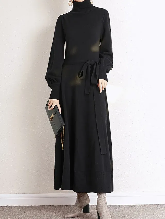 Women's Red Christmas Dress Sweater Dress Jumper Dress Midi Dress Warm Fashion Casual Plain Outdoor Christmas Daily Vacation Turtleneck Long Sleeve Lace up 2023 Regular Fit Black Wine Blue One Size