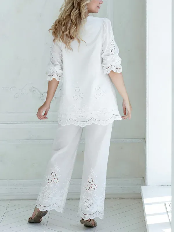 Round Neck Long Sleeve Hollow Top Trousers Suit