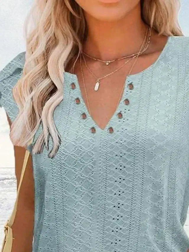 Women's T shirt Tee Light Blue Black White Plain Button Short Sleeve Casual Basic V Neck Regular S