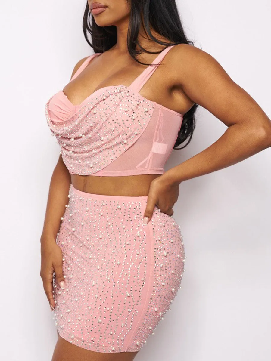 Pink Embellished Bra Top and Mini Skirt Set