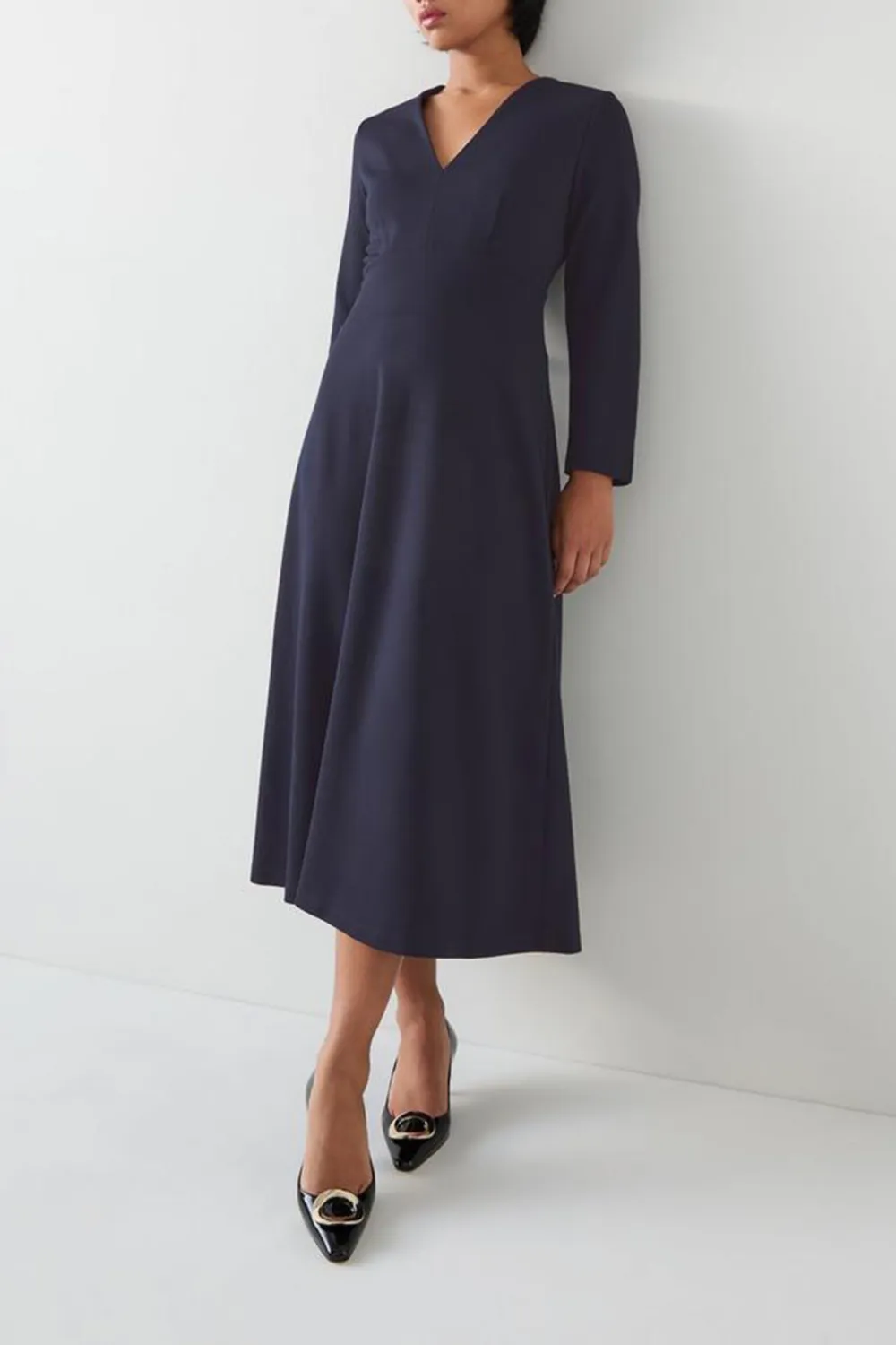 Navy Blue Long Sleeve V Neck Midi Dress