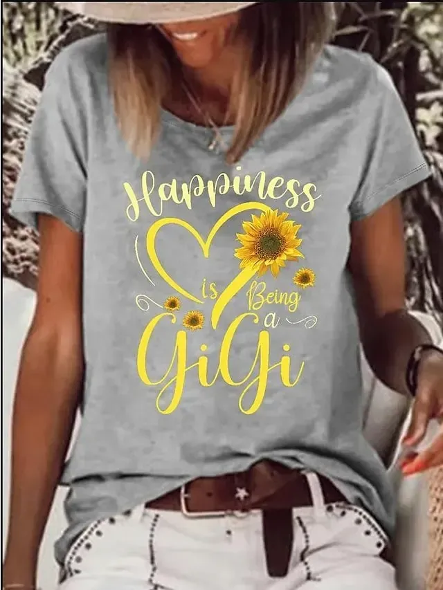 Women's T shirt Tee Black Pink Blue Leopard Heart Print Short Sleeve Holiday Weekend Basic Round Neck Regular Floral Painting S