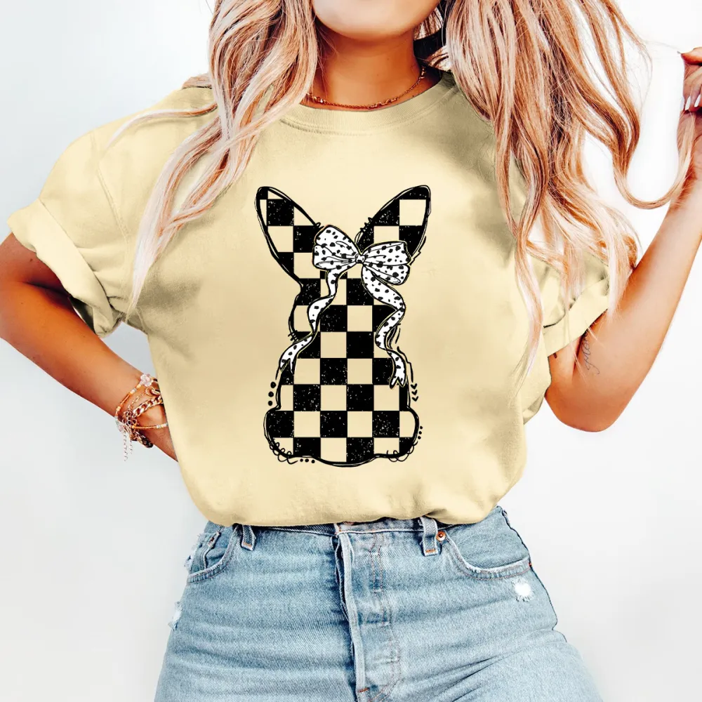 Black And White Checkerboard Easter Bunny Printed Round Neck Short Sleeve T-Shirt