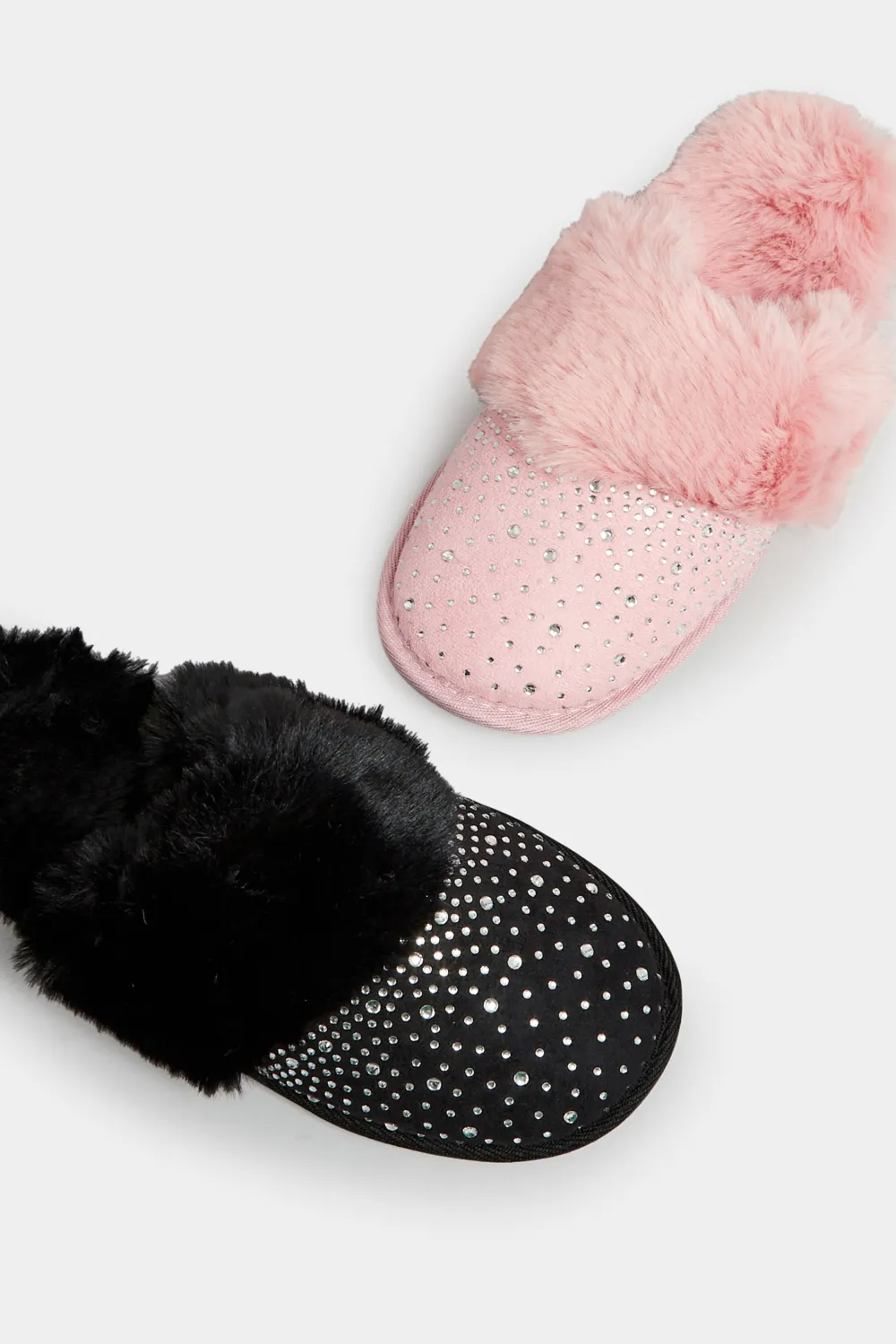Pink Diamante Faux Fur Slippers In Wide E Fit