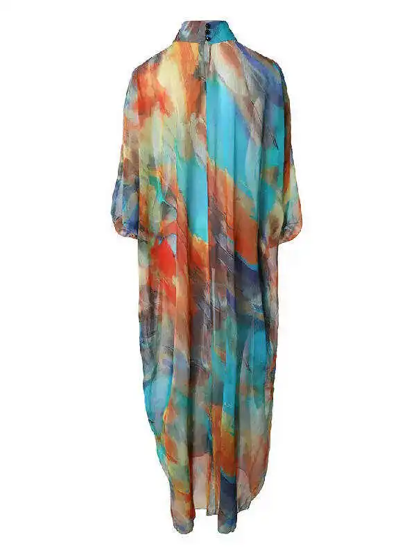 Vacation Batwing Sleeves Contrast Color Printed High-Neck Maxi Dresses