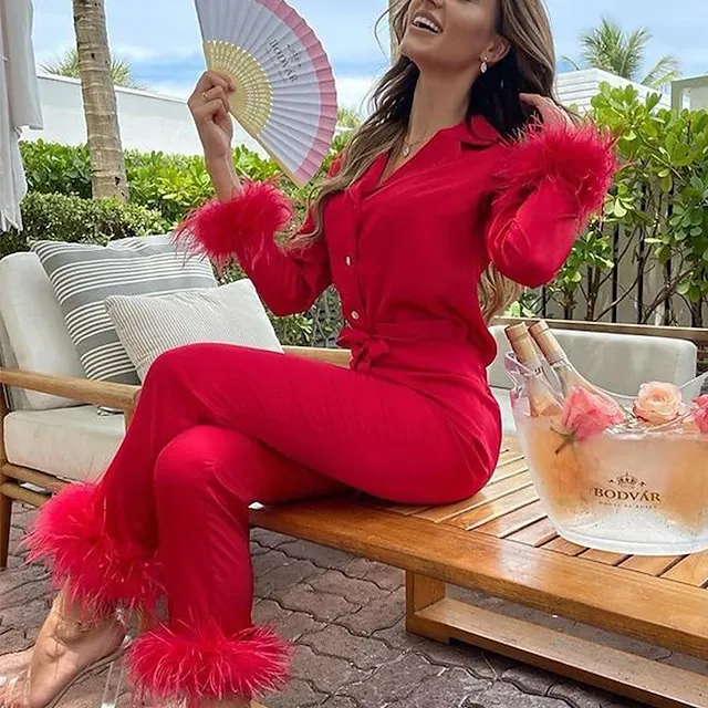 Women's Gift Loungewear Pajamas Sets Home Party Valentine's Day Feather Pure Color Silk Simple Soft Shirt Pant Fall Spring Summer Lapel Long Sleeve Long Pant Buckle Pocket