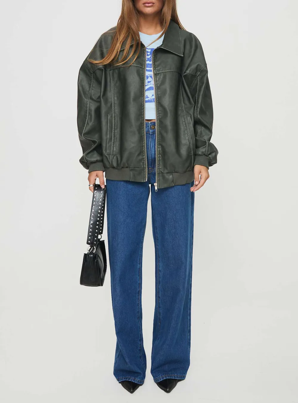 Loose Fit Faux Leather Bomber Jacket