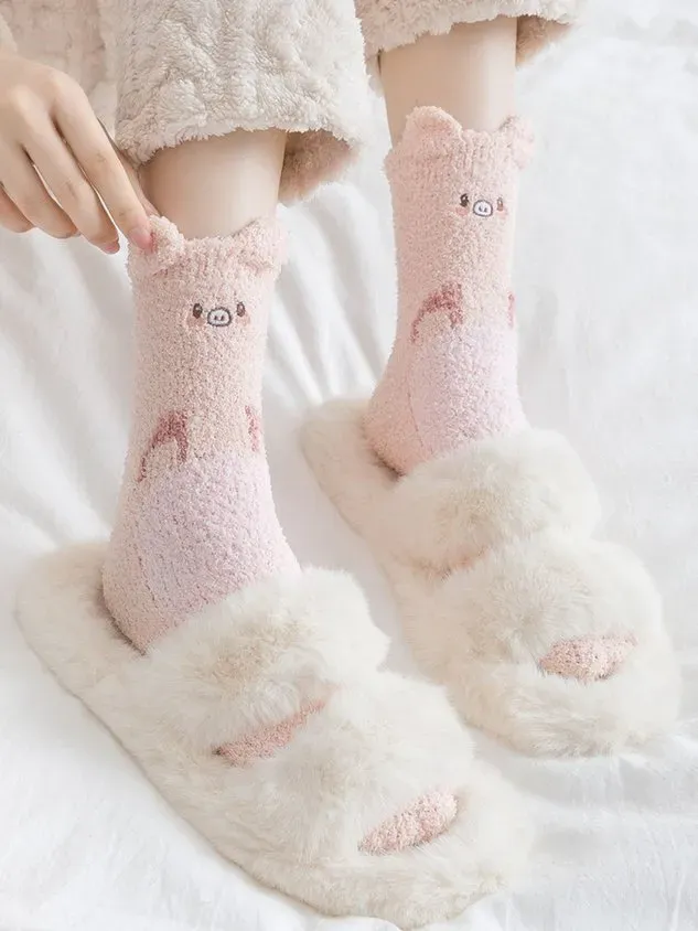 Cat Dog Pika Pet Cute Shape Thickened Warm Coral Fleece Floor Socks