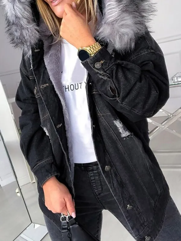 Women's Denim Jacket Hoodie Jacket Daily Fall Winter Regular Coat Loose Fit Streetwear Jacket Long Sleeve Pocket Black Blue Grey