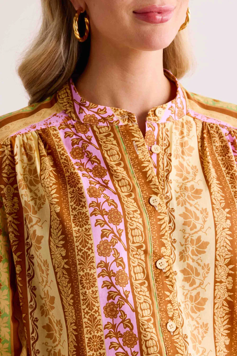 Golden Pattern Balloon Sleeve Button-Front Blouse