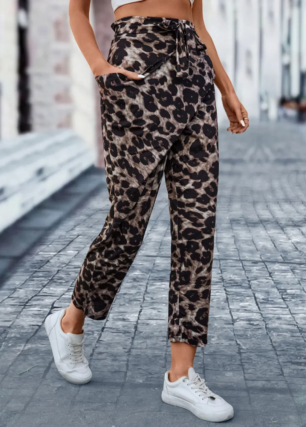 Dark Coffee Pocket Leopard Elastic Waist Belted Pants