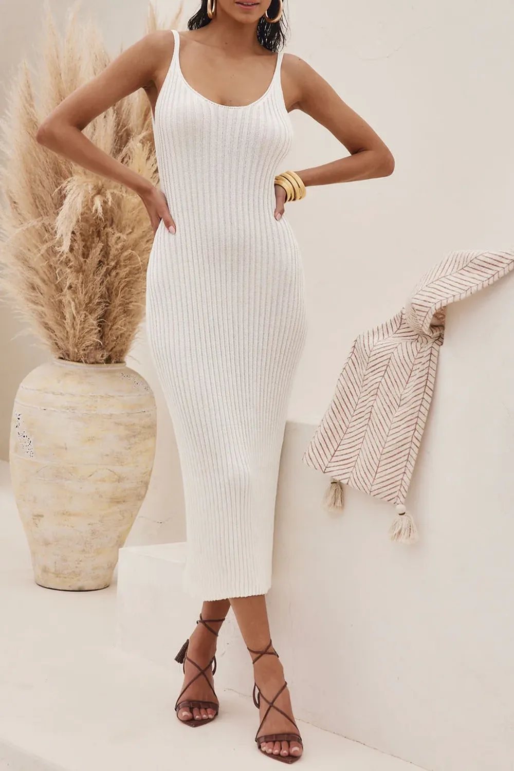 Sleeveless White Knit Midi Dress