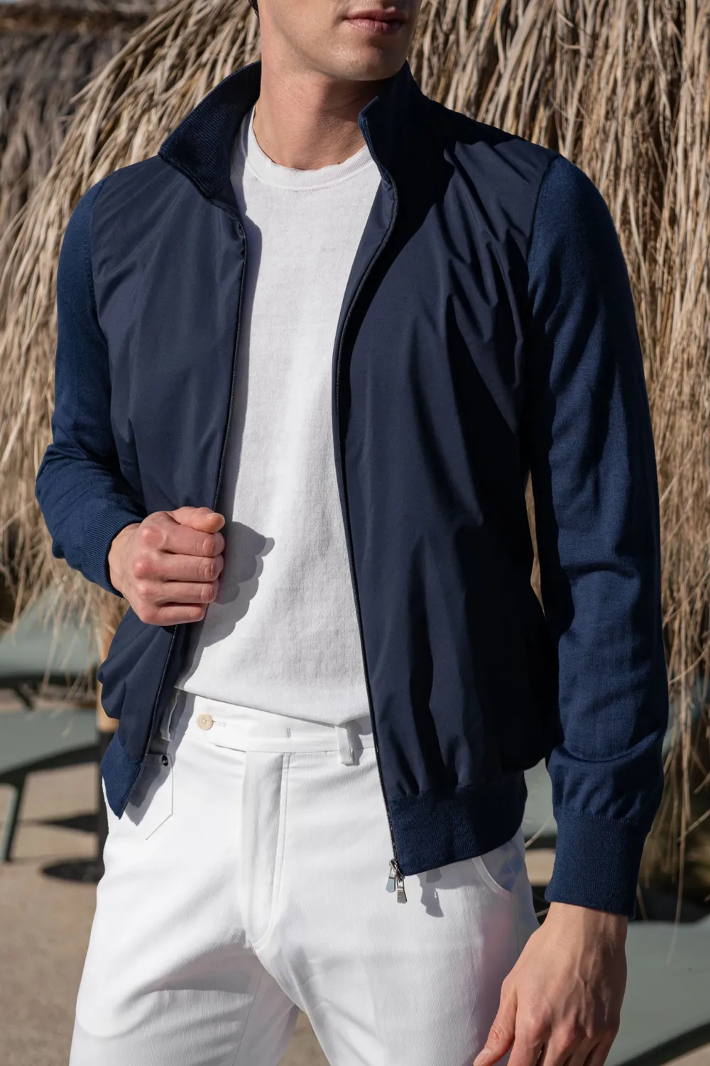 Blue Knit & Nylon Bomber Jacket