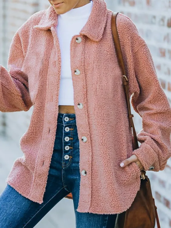 Plain Fluff/Granular Fleece Fabric Casual Teddy Jacket