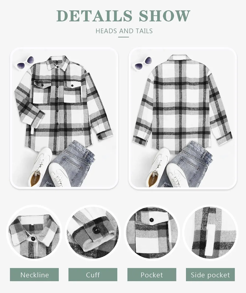 Women's Flannel Plaid Shacket Long Sleeve Button Down Chest Pocketed Shirts Jacket Coats